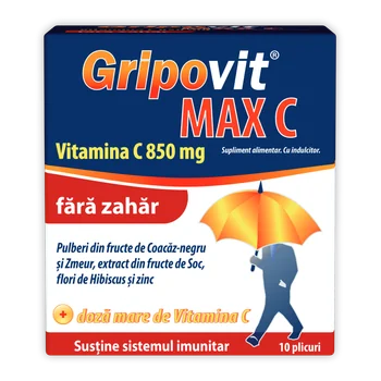 Gripovit Max C, 10 plicuri, 850 mg vitamina C, fără zahăr, Zdrovit