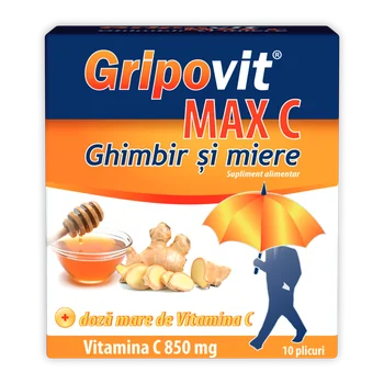 Gripovit Max C, 10 plicuri, Ghimbir și Miere, 850 mg vitamina C, Zdrovit