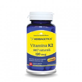 Vitamina K2 MK7 Naturală, 30 capsule, 120 mcg, Herbagetica