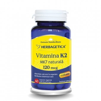Vitamina K2 MK7 Naturală, 60 capsule, 120 mcg, Herbagetica