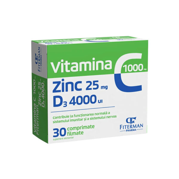 Vitamina C 1000 mg + Zn 25 mg + D3 4000UI, 30 comprimate filmate, Fiterman