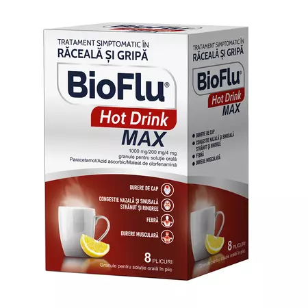 Bioflu Hot Drink Max, granule pentru soluție orală, 8 plicuri, Biofarm