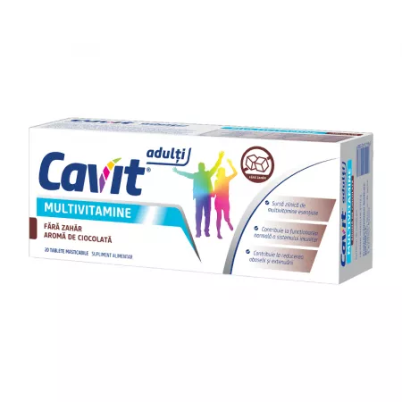 Cavit Adulți Multivitamine, 20 tablete masticabile cu aromă de ciocolată, fără zahăr, Biofarm