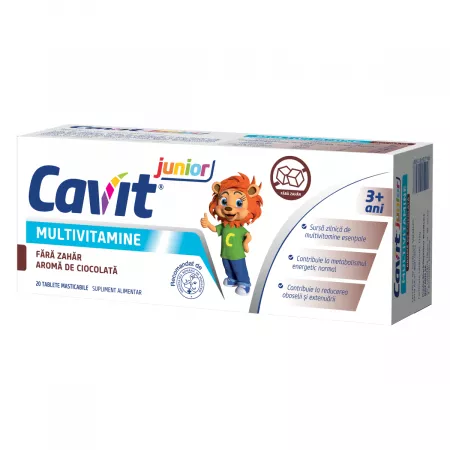 Cavit Junior Multivitamine, 20 tablete masticabile cu aromă de ciocolată, fără zahăr, Biofarm