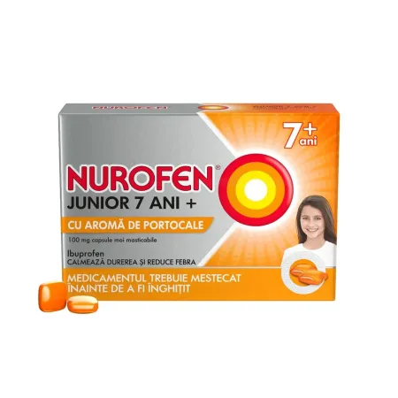 Nurofen Junior 7+, aromă de portocale, 100 mg, 24 capsule moi masticabile, Reckitt Benckiser Healthcare