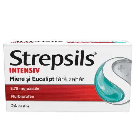 Strepsils Intensiv Miere și Eucalipt fără Zahăr, 8,75 mg, 24 comprimate, Reckitt Benckiser Healthcare