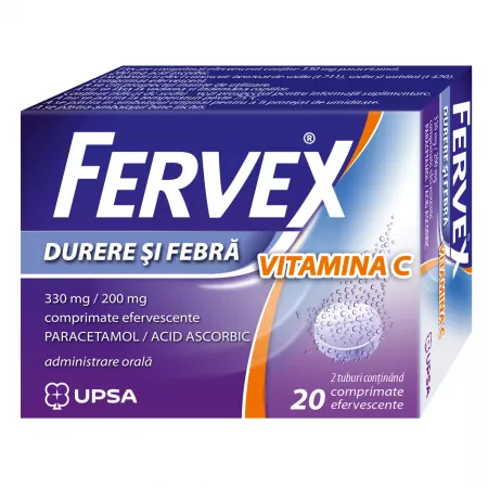 Fervex Durere și Febră cu Vitamina C, 2 tuburi x 10 comprimate efervescente, UPSA