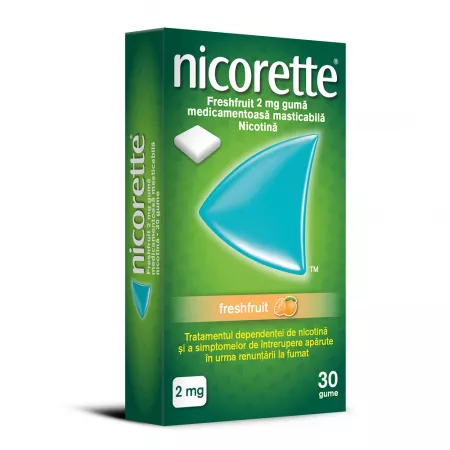 Nicorette FreshFruit 2mg, gumă medicamentoasă, 30 bucăți, Johnson & Johnson