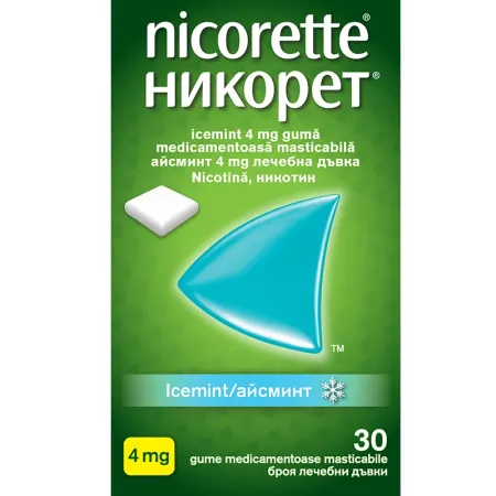 Nicorette Icemint 4mg, gumă medicamentoasă, 30 bucăți, Johnson & Johnson