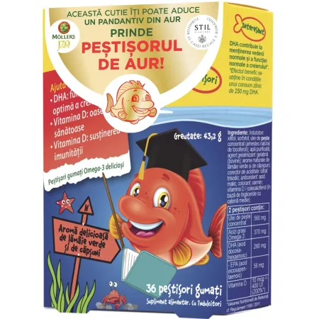 Omega-3, 36 peștișori gumați, aromă căpșuni, Möller’s