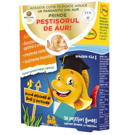 Omega-3, 36 peștișori gumați, aromă portocale, Möller’s