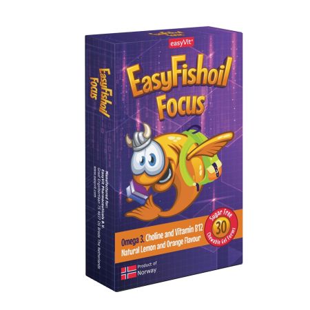 Omega 3, Colina si Vitamina B12 pentru copii, Easy Fishoil Focus, 30 comprimate masticabile, EasyVit