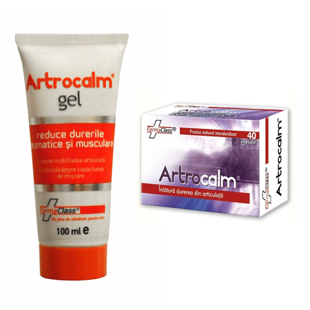 Pachet Artrocalm, 40 capsule + Artrocalm gel pentru dureri reumatice si musculare, 100ml, Farmaclass