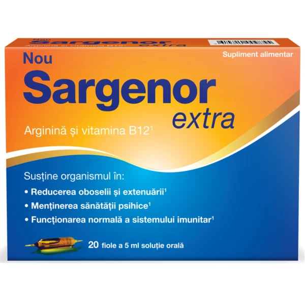 Solutie orala Sargenor Extra arginina+vit B12, 5ml x20 fiole, Meda Pharma