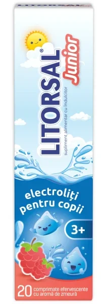 Electroliti cu aroma de zmeura Litorsal Junior 3ani+, 20 comprimate efervescente, Zdrovit