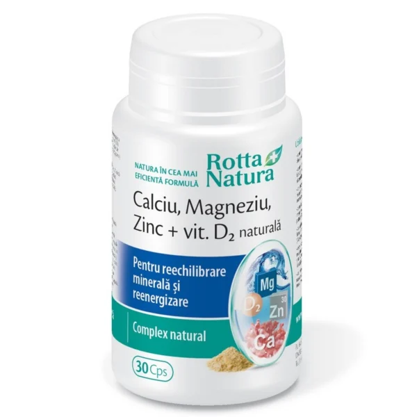 Calciu Magneziu Zinc +Vit D2 naturala, 30 capsule, Rotta Natura
