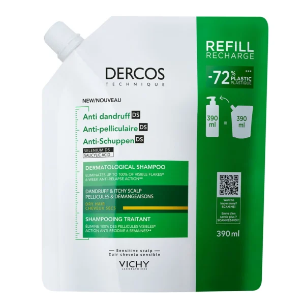 Rezerva sampon antimatreata par uscat si scalp cu senzatie de mancarime Dercos, 390ml, Vichy
